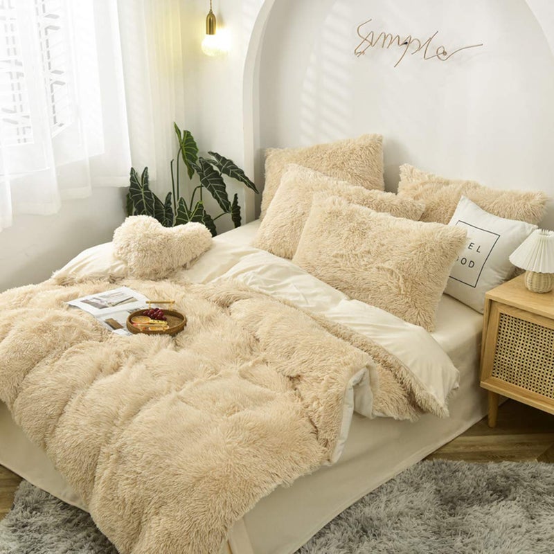 MorroMorn 5 PCS Shaggy Duvet Cover Bedding Set - Fluffy Comforter Cover Long Faux Fur Luxury Ultra Soft Cozy (Khaki, Full/Queen) - Image 5